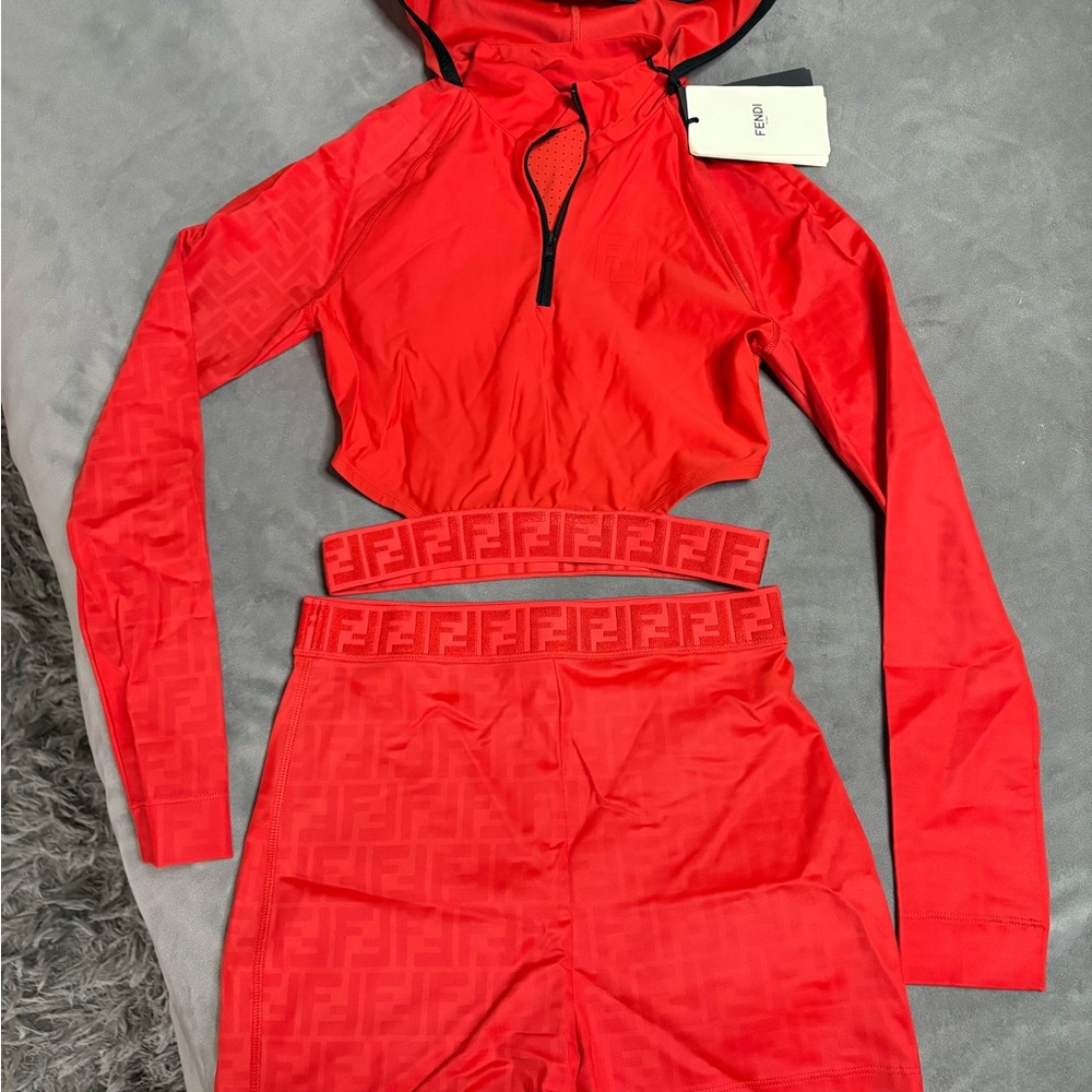 Fendi Set NWT- Vibrant Red Hooded 1/4 zip top and biker shorts
